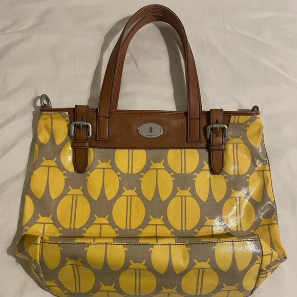 Fossil Key-Per Yellow & Gray Ladybug Print Tote Bag Purse - Picture 2 of 11